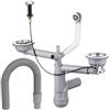 LAXARA Flexlok con comando eccentrico e uscita lavello Ø 114 mm valvola a cestello | scarico con manopola | sifone lavello salvaspazio | effetto acciaio inox | 2 vasche rotonde con tubo di scarico)