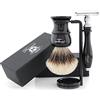 Haryali London, Set da barba in 3 pezzi, rasoio a doppia lama con pennello da barba sintetico con punta argentata e supporto da barba - Kit di lusso per la cura personale maschile