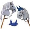 Hobby Horse Land Hobby Horse Grigio A3, cavallo bastone completo di rete, morso, redini e cuffia anti-insetti blu. Testa di cavallo bastone per Hobby Horsing bambini e adolescenti