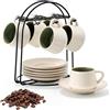 PORCER Set di 6 tazze da caffè e piattino in ceramica da 130 ml con supporto in metallo nero, cappuccio impilabile, tazze da espresso per bevande da caffè speciali, latte, americano, tè, divertenti