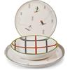 H&H Servizio Tavola 18 Pezzi Ski Holiday in Stoneware Decorato - Stile Invernale e Natalizio - Piatti con Sciatori e Quadri - Lavabile in Lavastoviglie, Microonde - Ø 26, 20,5, 20 cm