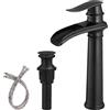 BWE Rubinetto per lavandino della nave, rubinetti da bagno moderni a cascata nero opaco, rubinetto per lavabo da bagno a 1 foro con gruppo di scarico pop-up e tubo di alimentazione senza piombo