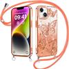 Kueqeay Custodia per iPhone 14/iPhone 13 6,1 con Cordino, Trasparente Glitter Case Aesthetic Motivo 3D Farfalla Disegni Diamante Brillare Silicone Cover Fotocamera Protezione con Collana,Arancione