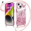 Kueqeay Custodia per iPhone 14/iPhone 13 6,1 con Cordino, Trasparente Glitter Case Aesthetic Motivo 3D Farfalla Disegni Diamante Brillare Silicone Cover Fotocamera Protezione con Collana,Rosa
