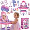 Kinderplay Tavolo da toeletta rosa per bambini con bacchetta magica e accessori | Tavolo da toeletta per bambini con specchio, cassetto, sgabello e set da trucco - giocattolo di ruolo,