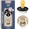 BIBS Colour GLOW Ciuccio, 18-48 mesi, pack da 2, Black GLOW/Vanilla GLOW | Tettarella rotonda | Lattice di gomma naturale | Taglia 3 | Senza BPA | Prodotto in Danimarca | Anello fosforescente