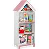 Relaxdays Scaffale Portagiochi, Motivo Super Woman, Cameretta Bambini, con 4 Scomparti e Ante, 93x63x28 cm, Bianco Rosa
