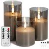 FREEPOWER Set di 3 candele a LED in vetro grigio con telecomando e timer, luce bianca calda tremolante, ricaricabili tramite cavo USB, senza fiamma, cera vera, Ø 7,5 x 10/12,5/15 cm