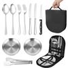 Libershine Set di Posate da Campeggio 2 Persone, 10 Pezzi Set Posate Campeggio in Acciaio Inox con Cucchiaio Forchetta Coltello Piatto e Pinza, Kit Posate da Viaggio Portatile per Campeggio Picnic Barbecue