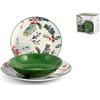 H&H Servizio Tavola 18 Pezzi in Porcellana - Collezione Celebration Verde - Set Piatti Natalizi Decorati con Agrifoglio e Ribes - Elegante Servizio per 6 Persone