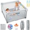 eSynic Box Bambini 150x150cm con Materassino Lavabile, Magniglie, Cestino da Basket e Pallini, Recinto per Neonati Modulare Pieghevole da Viaggio, Playpen Giochi per Bimbo, Zip Esterno - Grigio Chiaro