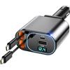BKELHS Retractable Car Charger 123W Car Phone Charger Car Power Adapter with Dual USB C Cables USB A PD QC 4 in 1 Fast Charging Cigarette Lighter for iPhone 16/15 Samsung Galaxy S25/S24 Ultra MacBook, Laptop