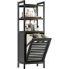 HITNET Mobile Bagno con Portabiancheria, Mobiletto Bagno da Terra in Bambù 3 Ripiani con 1 Cesto Portabiancheria, 40L Sacco Interno Rimovibile con Maniglie per Lavanderia e Camera da Letto, Nero