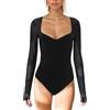 EMOTTOS Donna Body Patchwork a Rete Trasparente, Sexy Pizzo Bodysuit Senza Schienale con Scollo a Cuore, Leotard Top a V con Maniche a Rete, Body con Chiusura a Scatto per Donne, Nero, M