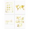 homelov Set di poster di alta qualità, 4 x DIN A4, 21 x 30 cm, carta 100% senza legno e stampa artistica di alta qualità, carta da parati e adesivi gratuiti, set da viaggio in vero oro
