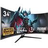 Gawfolk Monitor Ultrawide Da 34 Pollici 1500R Curvo 144Hz Monitor Per Computer Da Gioco, 21:9 UWQHD (3440x1440),Adaptive Sync,Angolo di visione 178°,HDMI、Display Port,VESA75×75MM - Nero