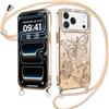 Kueqeay Custodia per iPhone 17 Pro 6,3 con Cordino, Trasparente Glitter Sfumato Case Aesthetic Motivo 3D Farfalla Disegni Diamante Brillare Silicone Cover con Collana Fotocamera Protezione,Oro
