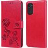 RankOne Custodia Portafoglio in Pelle per Motorola Moto e32 / Moto e32s (6.5 Inches), con Porta Carte Motivo Rosa Design Cover Folio Flip Case - Rosso