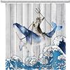 SDOTPMT 122x183cm Divertente Gatto Cavalcare Balena Tenda da doccia Annata Legna Pavimento Giapponese Oceano Onda Tenda da bagno cartone animato Tenda da doccia Impermeabile per Bagno con ganci