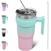 BJPKPK Bicchiere da 600 ml con manico, in acciaio inox, isolato, con coperchio e cannuccia, per donne e uomini, gomma da masticare
