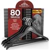 Eurocali 80 Grucce Appendiabiti in Legno Nero per Giacche Camicie Vestiti Abiti - RealGruccia Tacche Antiscivolo Barra porta Pantaloni e Gancio Girevole 360° - Profilo Smussato e Finitura Lucida - 22x45cm