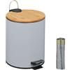 Relaxdays Pattumiera Bagno a Pedale 5 L, Cestino Interno Estraibile, Silenzioso, con Sacchetti, Ferro e bambù, Grigio