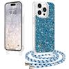 LCHULLE Glitter per iPhone 15 Pro Max Cover con Cordino Regolabile,Blu | Brillantini Custodia con Tracolla, Cover glitterata con Rimovibile Catena,Glitter Transparent TPU Bumper, Silicone Case