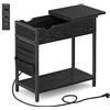 VASAGLE Tavolino con Multipresa, Tavolino Stretto con Porte USB, Sacchi, Comodino, per Salotto Soggiorno, Camera da Letto, Nero Effetto Legno LET311B56