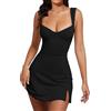 ThreeH Mini abito da donna senza maniche con scollo svasato svasato a trapezio carino con spacco laterale per appuntamenti notturni, Nero , S