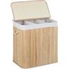 Relaxdays Cesto Portabiancheria Rettangolare, Coperchio, 3 Scomparti Porta Biancheria, 62x62,5x42,5 cm, bambù, Naturale