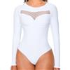 FXTYK Body sexy da donna, con scollo sul petto, in rete, a maniche lunghe, in pizzo, bianco, S