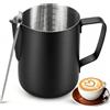 NewGF Brocca schiumalatte da 350 ml, in acciaio inox, con penna per latte e latte artistico, con misure interne, per cappuccino, espresso e altro, colore nero