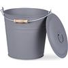 Relaxdays Secchio Raccoglicenere con Coperchio, 12 L, con Impugnatura, per Carbone e Cenere, Rotondo, Camino, Grigio