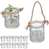 Relaxdays Vasetti Portacandele, Set da 12, Vasi in Vetro, Manico con Corda di Canapa, HxD 7 x 6 cm, Trasparente Marrone