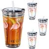Relaxdays Set da 4 Bicchieri per in Vetro con Cannuccia in Silicone e Tappo, 450ml, Motivo Fenicottero, Trasparente/Rosa