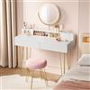 VASAGLE Toeletta con Sgabello e Illuminazione, Stazione di Ricarica, Specchio Girevole, Postazione Trucco, 40 x 100 x 134,8 cm, con Cassetti, Sgabello Imbottito, Bianco Opaco e Oro Pallido RVT619W01