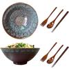 Aartner 2 ciotole da zuppa con bacchetta, forchetta e cucchiaio, set di ciotole ramen, 1200 ml, insalatiera in ceramica per pasta asiatica Udon, ciotola grande da 20 cm (coda di pavone)