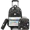 Egchescebo Zaino Trolley Scuola Elementare Bambina Ruote Regoli da Viaggio Carrello Porta per La Bimba Ragazza Rimovibile Spazio di Pelle Seven Media Asilo Bambino Superiori Rotelle 17 3pcs Nero