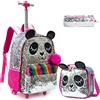 Egchescebo Zaino Trolley Scuola Elementare Panda con Perline Bambina Ruote Regoli da Viaggio Carrello Porta per Bimba Ragazza Seven Media Asilo Bambino Superiori Ragazza Rotelle 17 3pcs Argento Rosso