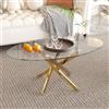 GOLDFAN Tavolino ovale in vetro con gambe incrociate dorate, moderno tavolo centrale in vetro temperato trasparente per soggiorno, ufficio, appartamento o salotto