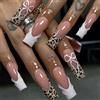 Dermalyx Set Da 24 Unità Di Unghie Finte Quadrate Lunghe, Rosa Nudo Con Punta Francese, Unghie Adesive Lucide, Punta Finta Con Motivo Leopardo E Fiocco