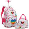 Egchescebo Carrello Porta Zaino Trolley Scuola Media Elementare Astuccio Bambina Trolley Ragazza con Ruote per Zaino Lunch Box,3PCS Borsa a rotelle Rainbow Girls con Giocattolo a Forma Di Cuore