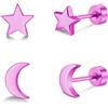 FACOKO 2 paia di orecchini a bottone piatto per donna, orecchini a stella e luna rosa, orecchini a vite in titanio, orecchini a bottone ipoallergenici per uomo (Luna e Stella - Rosa - 5 mm)