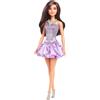 Barbie - Bambola Fashionistas n. 234, con capelli marroni, abito viola a bolle con paillettes e gonna satinata, collana argentata e scarpe con tacco, giocattolo per bambini, 3+ anni, HYT92