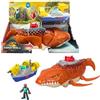 Fisher-Price Imaginext Jurassic World La Rinascita, Mosasauro Acquatico, dinosauro giocattolo da 46 cm circa con action figure da 8 cm circa, barca con lanciatore e 2 proiettili, JFR23