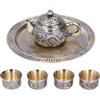 OVAQUIXI Set da tè Marocchino Vintage, Teiera in Lega di Zinco con 4 Tazze e Piatto, Design Decorativo in Rilievo per la Casa, Regali