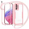Jrkvniv Cover per Samsung Galaxy A53 5G con Cordino,360 Gradi Trasparente Custodiacon con Protezione Schermo Integrata,Bumper Rugged Custodia con Regolabile Tracolla Corda Collana per 6.5-Rose