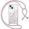 Saqmkil Cover Cordino per iPhone 15 Plus 6,7, Trasparente Aesthetic Disegni Fiori Custodia con Collana Tracolla Laccio Collo Corda, Ragazze Morbido TPU Bumper Silicone + PC Antiurto Protettiva Case