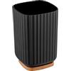 Wenko Bicchiere Porta Spazzolini Rotello, Bicchiere per Spazzolini in Plastica e Fondo di Bambù, per Riporre Accessori Dell'Igiene Orale con Pratico Design Rigato, Ø 8,6 X 11,1 Cm, Nero/Naturale