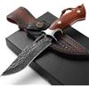 Coltello Da Caccia Outdoor Damasco Manico in Legno Con Fodero in Vera Pelle, For
